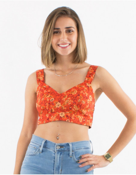 Brassière crop top légère pour l'été à motif boho fleurs orange