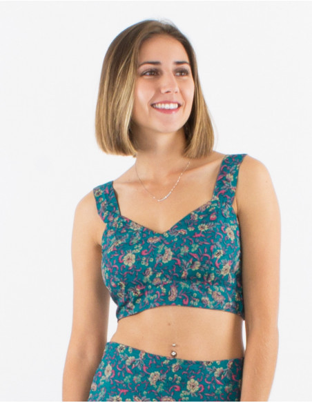 Brassière crop top légère pour l'été à motif boho fleurs bleu