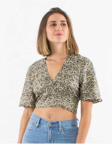 Crop top d'été à manches courtes cache cœur original noir