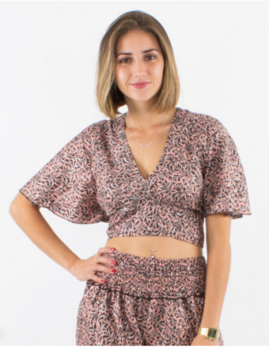 Crop top cache cœur bohème chic à imprimé abstrait beige