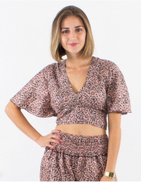 Crop top cache cœur bohème chic à imprimé abstrait beige