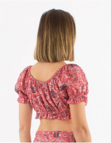 Elasticated bra crop top for summer with silver bohemian print pink