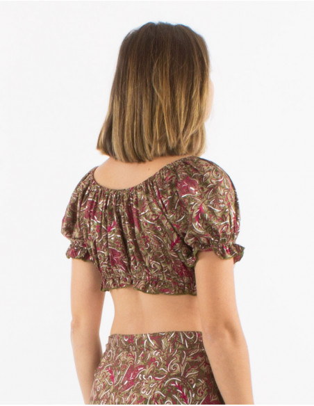Brassière élastiquée crop top pour l'été à imprimé bohème argenté marron