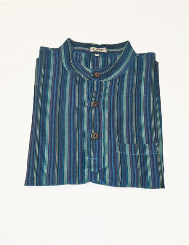 Turquoise blue cotton shirt for men with long sleeves and Nepalese stripes