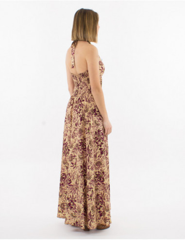 Dos nu smocké de combi pantalon boho à fleurs hawaïennes beige