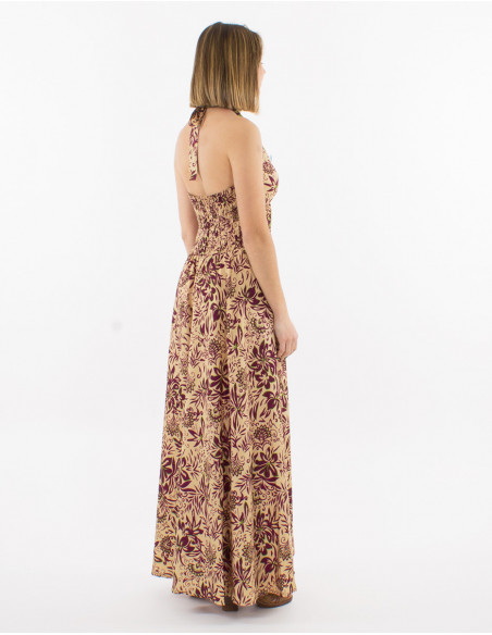 Dos nu smocké de combi pantalon boho à fleurs hawaïennes beige