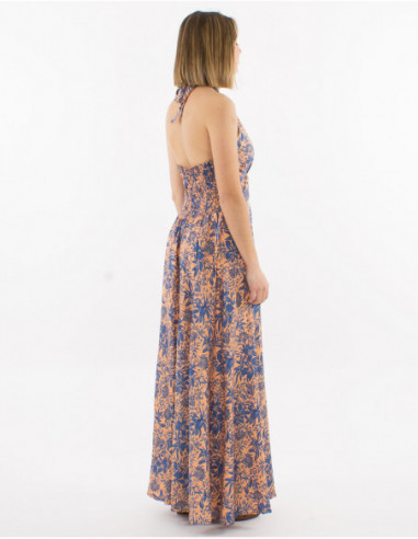 Backless smocked boho pants combi with beige Hawaiian flowers