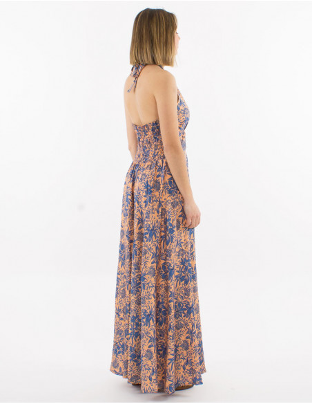 Dos nu smocké de combi pantalon boho à fleurs hawaïennes pêche