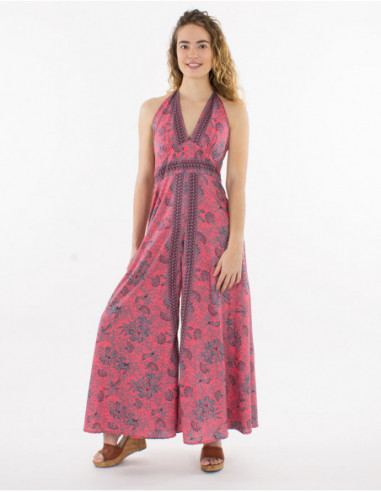 Summer wide pants suit with pink tropical flowers
