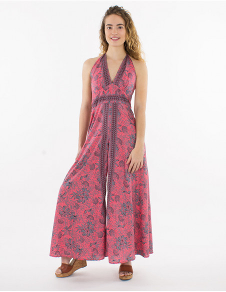 Summer wide pants suit with pink tropical flowers