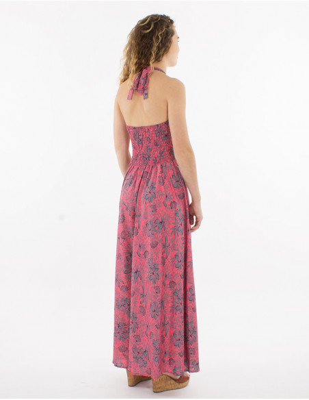 Dos nu smocké de combi pantalon boho à fleurs hawaïennes rose