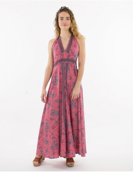 Oversized bohemian pants suit pink with tropical flowers