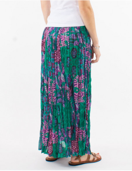 Lightweight crumpled fabric long skirt for summer with mint green baba cool print