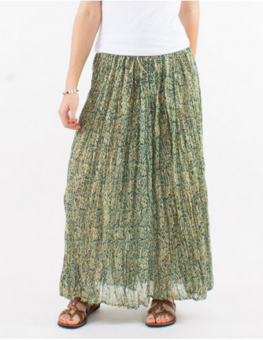 Long skirt crumpled fabric romantic green floral pattern