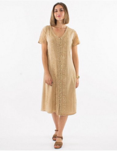 Chic stone wash beige midi dress with embroidery