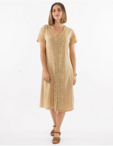 Original chic mid-length dress with embroidery in stone wash