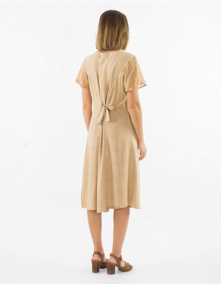 Beige stone wash midi dress back with chic bow