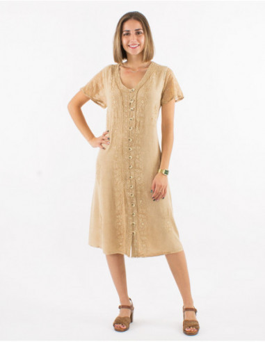 Robe mi longue originale chic avec broderies en stone wash beige