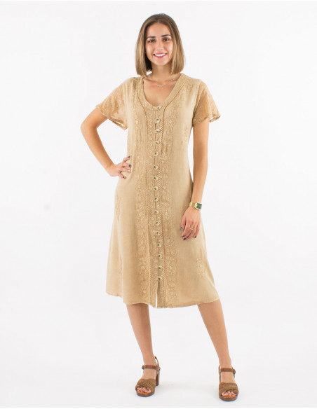 Robe mi longue originale chic avec broderies en stone wash beige