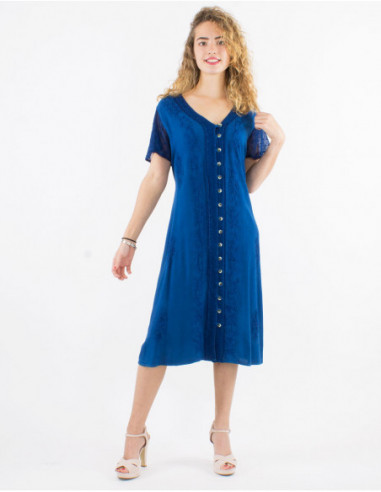 Chic stone wash navy blue midi dress with embroidery