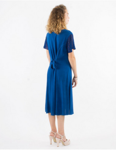 Navy blue stone wash midi dress back with chic bow