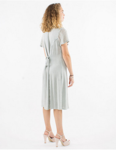 White stone wash midi dress back with chic bow