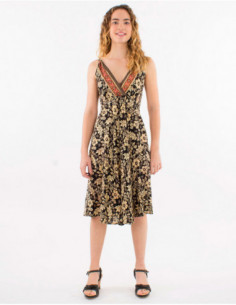 Black flowing summer midi dress with beige Hawaiian flowers