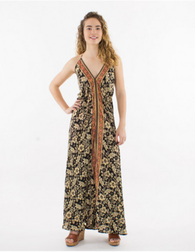 Robe longue fluide dos nu originale fleurs hawaïennes noir et beige