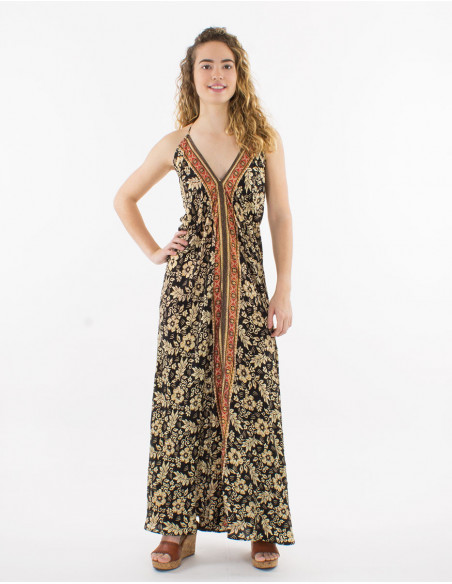 Robe longue fluide dos nu originale fleurs hawaïennes noir et beige