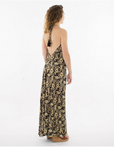 Women's flowing summer long dress with tropical flower print
