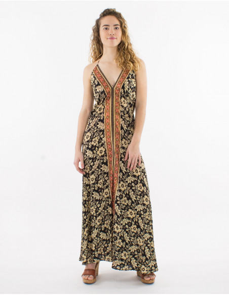 Original black and beige long summer dress with tropical flowers