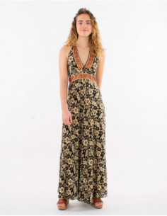 Women's flowing halter dress with beige Hawaiian flower print