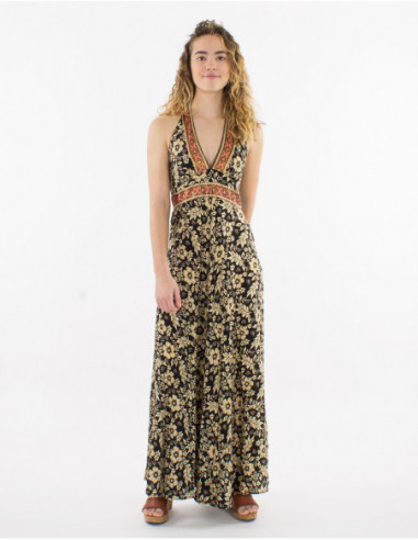 Robe longue dos nu originale à fleurs hawaïennes noires et beige