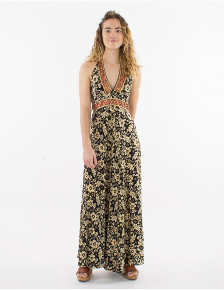 Original long halter dress with black and beige Hawaiian flowers