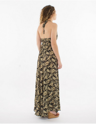 Long halter dress with Hawaiian flower print