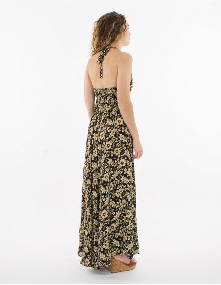 Long halter dress with Hawaiian flower print