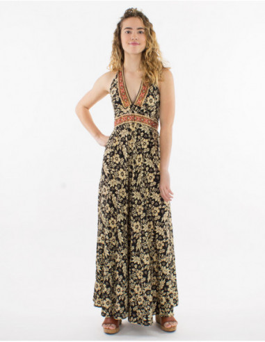 Robe longue fluide originale dos nu avec col v plongeant bohème chic