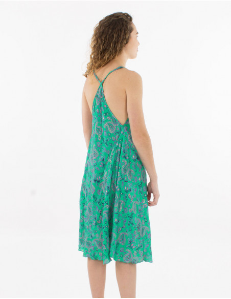 Robe courte dos original à fines bretelles romantique fleuri vert menthe