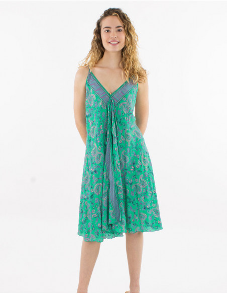Robe courte évasée boho chic à petites fleurs vert menthe