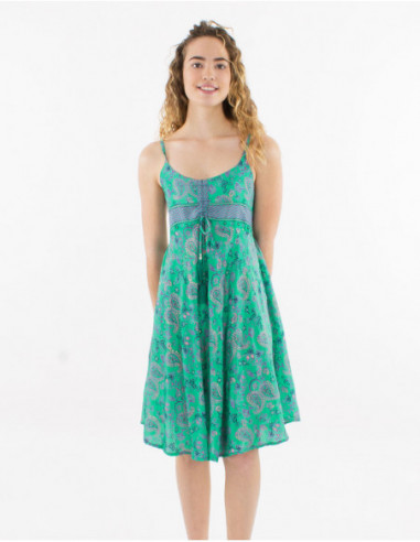 Short flowing dress with thin straps boho romantic pattern mint green