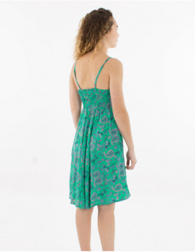 Short flowing dress with thin straps smocked back with summer floral print