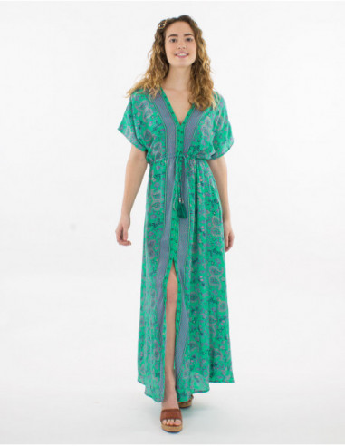 Robe longue fendue romantique chic petites fleurs vert menthe