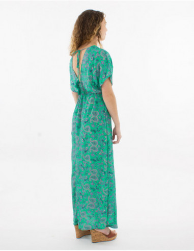 Robe longue boho chic originale fendue à impression fleurie vert menthe