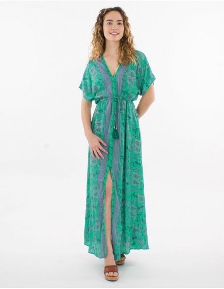 Robe longue bohème chic à petites fleurs vert menthe et lien avec pompons