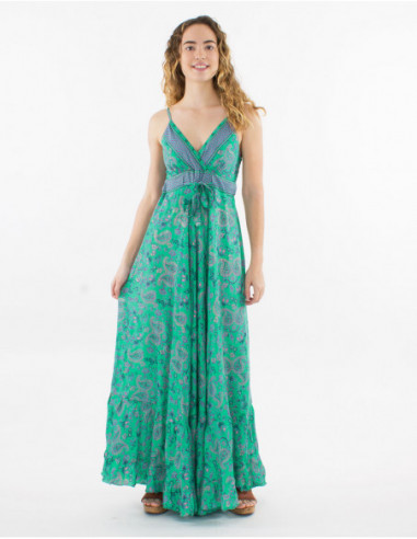 Robe longue fluide à fines bretelles romantique fleurie vert menthe