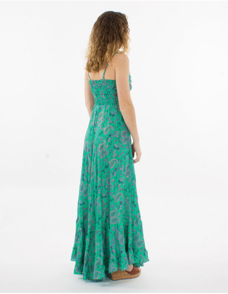 Dos smocké de robe longue fluide à fines bretelles motif romantique petites fleurs