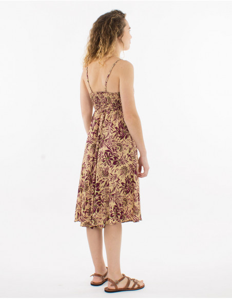 Coline mid-length flowing summer dress with beige floral boho print