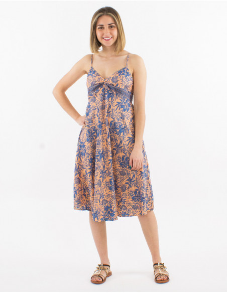 Original mid-length dress for spring boho floral peach