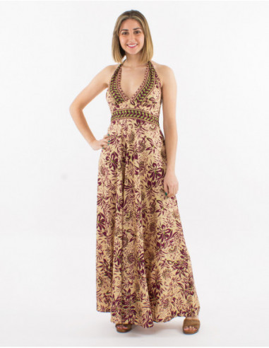 Robe longue dos nu originale à motif boho fleuris beige pour l'été