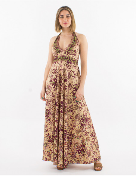 Robe longue d'été femme dos nu à imprimé boho chic beige